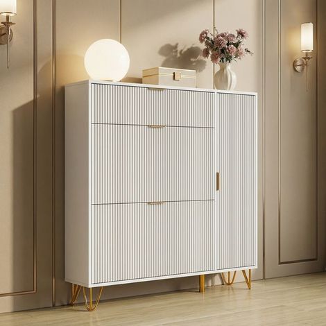 Mobile per scarpe POCKETPOP bianco 110 x 24 x 118,5 cm — 6 ripiani regolabili, 4 porte, cassetto, anti-inclinazione