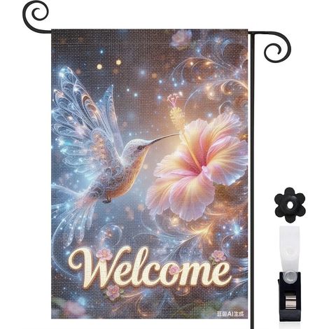 Drapeau de jardin vertical 30 x 45 cm motif fleurs colorées et colibri toile double face résistante décoration extérieure polyvalente (1/5)