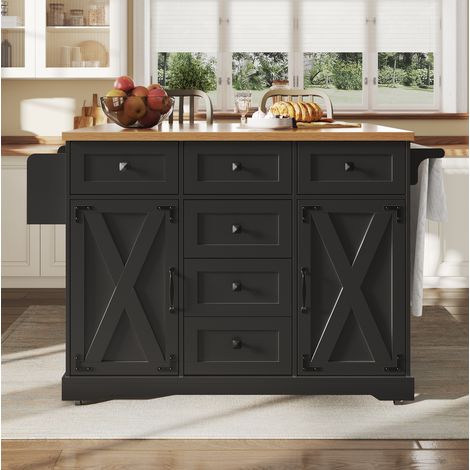 Carrello da cucina pieghevole 147x70x93 cm nero in MDF e metallo con piano estensibile e contenitore (1/5)