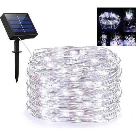 Guirlandes solaires, guirlandes solaires extérieures avec 100 LED Fil de cuivre argenté de 33 pieds 8 modes imperméables pour la décoration extérieure d'arbres de paysage de patio de mariage de fête à (1/5)