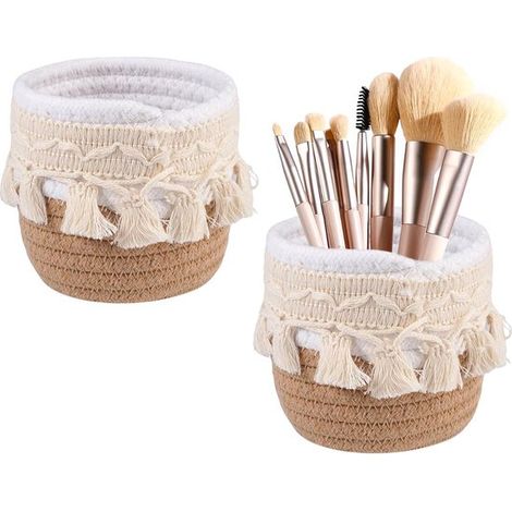 Juego de 2 estantes de almacenamiento para brochas de maquillaje，mini cestas de almacenamiento de estilo bohemio de 10 x 10 cm，10 x 10 cm，marrón (1/2)
