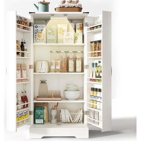 Credenza 60x35x128.5 cm LED interno ripiani removibili, moderno mobile da cucina, MDF, bianco​ per Sala da pranzo (1/5)