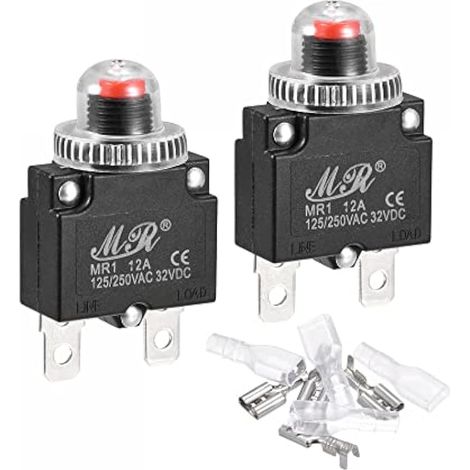 Kit de protection contre les surcharges de circuit 12A AC125/250V DC32V, disjoncteur thermique à bouton avec couvercle étanche, lot de 2 (1/5)