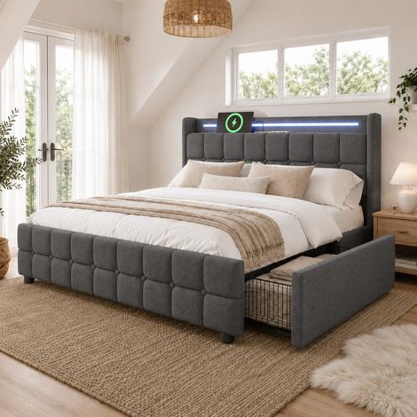Metallbett 140x200 cm Grau mit LED und 4 Schubladen, platzsparend, ohne Matratze – MEUBLIV (1/5)
