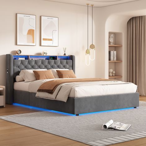 Lit tapissé 140x190 cm, Velours Holland, Rangement hydraulique, LED et ports USB, Tablette de tête, Gris (1/5)
