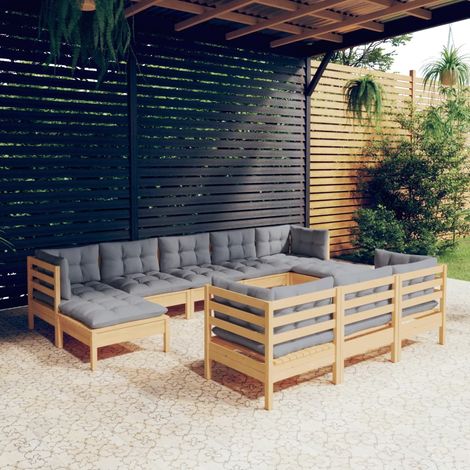 Salon de jardin 10 pcs,Mobilier de terrasse,Table et Chaise pour Relax avec coussins gris bois de pin massif -YZ143514 (1/5)