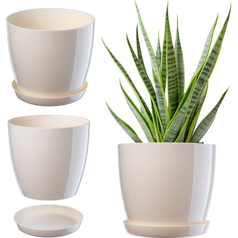 KADAX Blumentopf mit Untersetzer, aus Kunststoff, rund, 23 cm, Creme