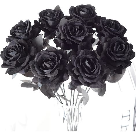 Bouquet de 12 roses artificielles en soie, tiges de 50 cm, noires, pour la décoration de table et d'intérieur.-AquaForge (1/4)