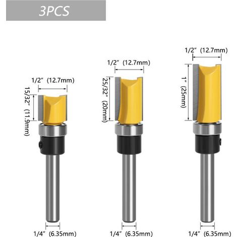 3Pcs 1/4 Tige Fraise à Copier, Fraise de Copiage, Outils de Fraisage de Menuiserie Bricolage de Coupe avec Roulement Supérieur (1/3)