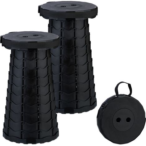 Relaxdays Teleskophocker 2er Set, faltbar, Tragegurt, Outdoor, höhenverstellbarer Campinghocker, HxD 44,5x25 cm, schwarz