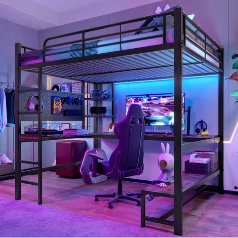 Letto rialzato 140x200 cm con scrivania, scala, ripiani portaoggetti, pannello forato, porte USB/Type-C e illuminazione LED, nero, senza materasso (1/5)