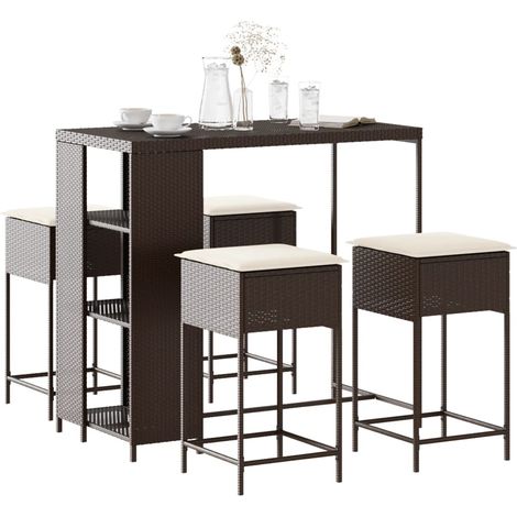 5-tlg. Gartenbar-Set mit Kissen Braun Poly Rattan