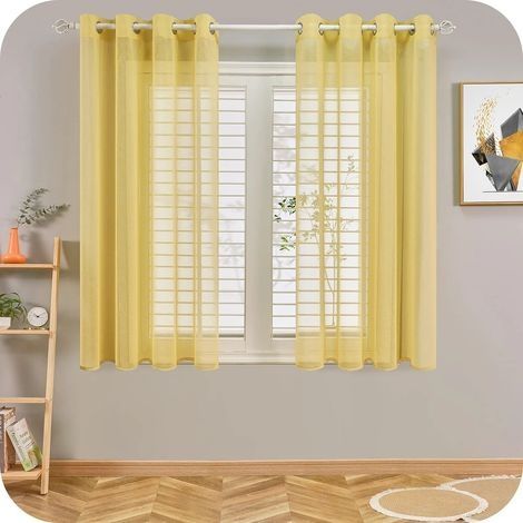 Set mit 2 transparenten, gelben Vorhängen in Leinenoptik - Ösenvorhänge, halbtransparente Schlafzimmerdekoration für Wohnzimmer oder Küche, 140 x 160 cm (Breite x Höhe) (1/4)