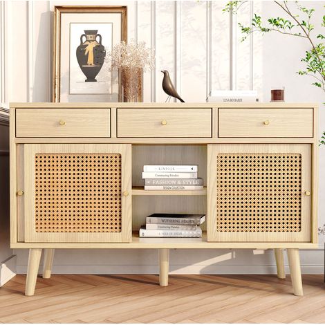 Aparador 120 x 40 x 78 cm 3 cajones 3 puertas MDF color roble HAVRYA (1/5)