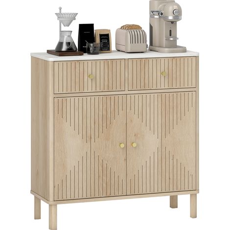 Buffet chêne cannelé 77x30x80cm, plateau marbre, 2 tiroirs, 2 portes, étagère réglable (1/5)