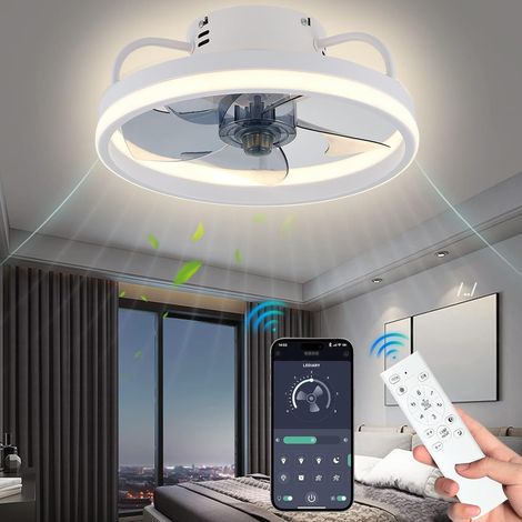 Ventilateur de plafond LED 50cm blanc, moteur silencieux réversible, télécommande, variateur lumière, 6 vitesses, design moderne pour salon chambre (1/5)