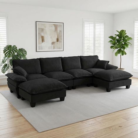 Grand Canapé Panoramique en U Modulable 332x151x90 cm - Design Nuage Voilier 6 Places en Chenille avec Pouf - Salon XXL - Noir (1/5)