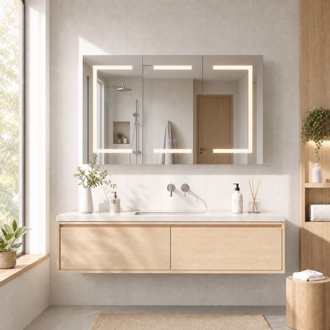 Armoire de salle de bain avec miroir LED 100,4x13,5x60 cm, Meuble Mural Salle de Bain Armoire, 3 portes et 2 étagères en verre réglables, éclairage 3 modes