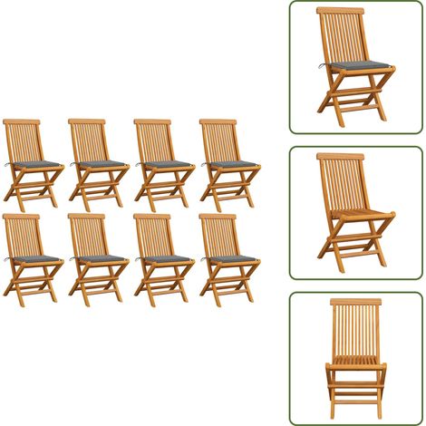 Chaises de jardin et coussins gris lot de 8 Bois de teck massif - Chaise De Jardin Pliable - Chaise De Jardin En Bois - Mobilier De Jardin - Chaise De Jardin Teck - Fauteuil De Jardin (1/5)