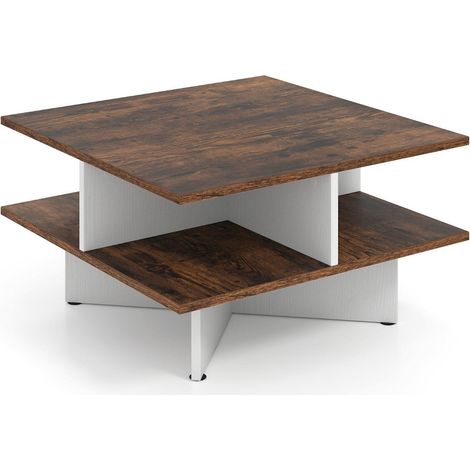 Quadratischer couchtisch aus holz mit 4 ablageflachen rustikales braun