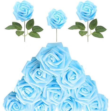 30 Stück Babyblaue Rosen aus Schaumstoff, künstliche Rosen mit Stielen, künstliche Rosen mit künstlichen Blumen für DIY-Hochzeitssträuße, Babyparty-Tischdekorationen, Blumendekoration für Partys und Z (1/5)