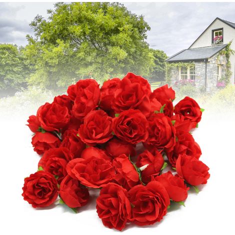 50 têtes de roses artificielles en soie réutilisables, rouges, décoratives pour mariages et fêtes. (1/5)