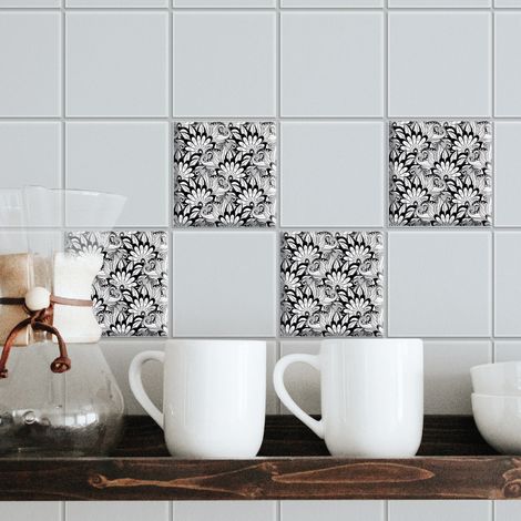 Sticker Adhésif Floral Mandala Noir, 15 cm x 15 cm, Lot de 4, Décoration Intérieure Homestaging (1/2)
