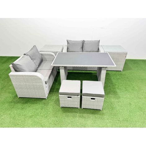 Fimous 7 Pieces Outdoor PE Rattan Sofa Set Patio Garden Furniture Sets with Cushions 2 Side Tables 2 Small Stools Light Grey (1/4)