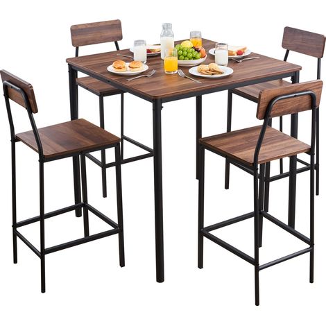 Table de Bar Haute et Tabourets, 5 Pièces, Ensemble Mange Debout avec 4 Chaises, Surface Carrée Design à Arêtes Arrondies, pour Bureau, Petit-Déjeuner, Mini Bars, Marron Rustique, Noir (1/5)