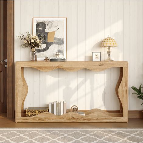 Mesa consola con borde ondulado de 2 niveles 160,5 x 30 x 86,5 cm en tablero natural (1/5)