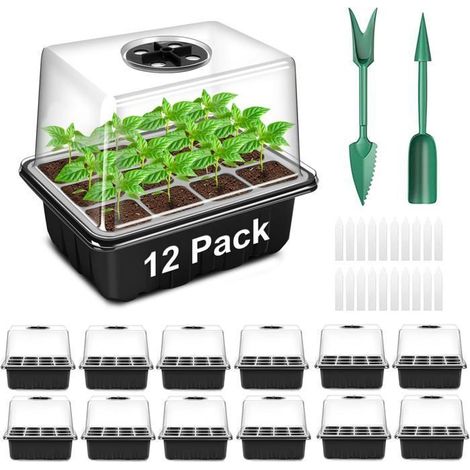 Mini Serre pour Plantes, 12 Pièces 144 Cellules Intérieure Plateau Semis avec couvercles rehaussés,Noir (1/4)