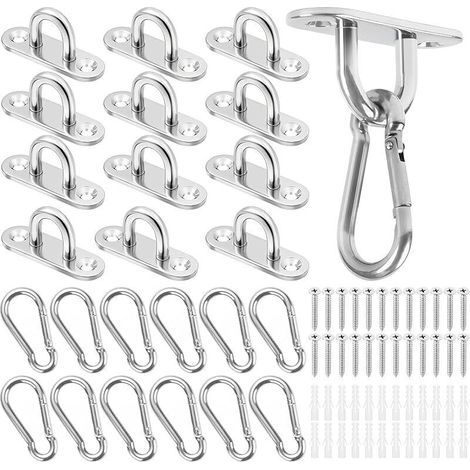 Crochet de Plafond, Crochet Acier Inoxydable Plaques à Oeil Oblongues, 12 Plaque à œil et 12 Mousquetons, Crochet de Fixation pour Balançoires de Yoga Hamacs Auvent Accessoires de Bateau