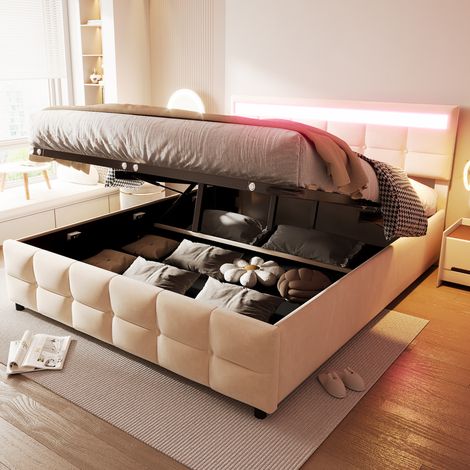 Cama doble tapizada con almacenamiento LED beige OKMYHOME (1/5)