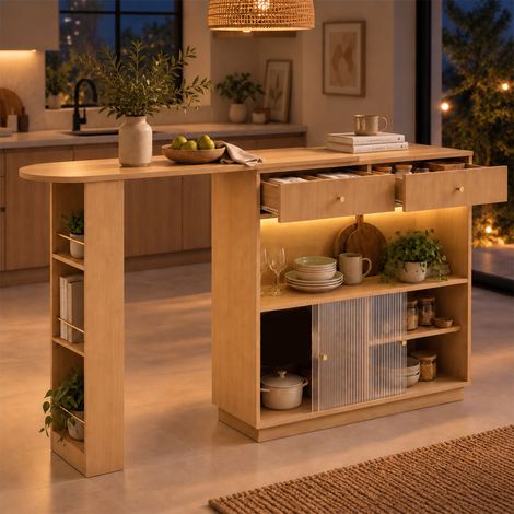 Îlot de cuisine extensible 120x30x100 cm avec rangement, table bar pivotante 360° avec LED, 2 tiroirs et étagères, meuble bar - Chêne (1/5)