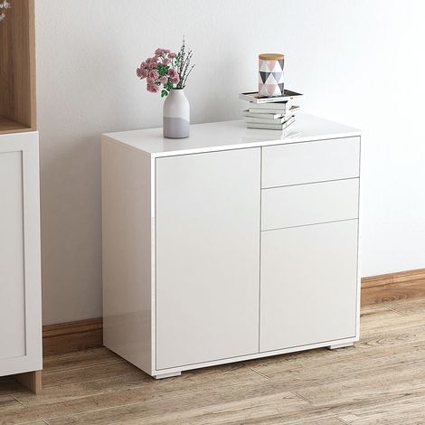 Schrank mit 2 Schubladen und 2 Türen, Push-Open-Mechanismus, Schrank mit 2 Schubladen und 2 Türen für Zuhause und Büro, 79 x 36 x 74 cm, Mattweiß