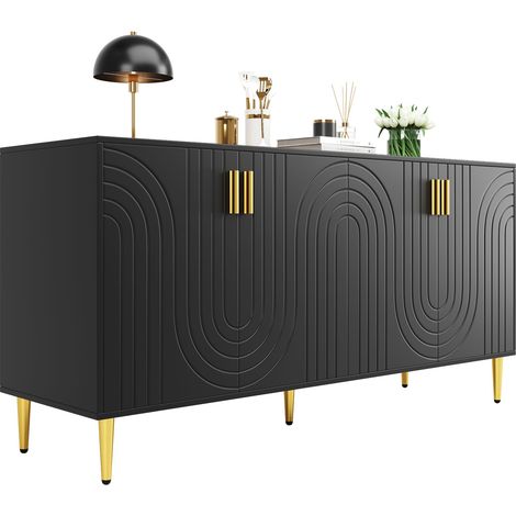 Aparador con 4 Puertas y 2 Cajones, Frentes Ondulados, Tiradores y Patas Doradas, Moderno, en MDF, 152×40×75 cm, Negro (1/5)