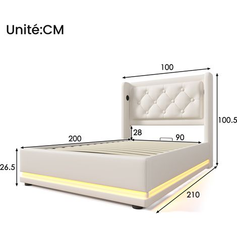 Letto Contenitore Singolo con USB, Tipo C e LED Regolabile 90×200 cm, senza Materasso, in PU Bianco (1/4)