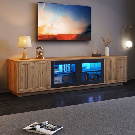 Meuble TV LED 180 x 40 x 45 cm deux compartiments de rangement jusqu’à 75 pouces charge max 30 kg éléments en verre (1/5)