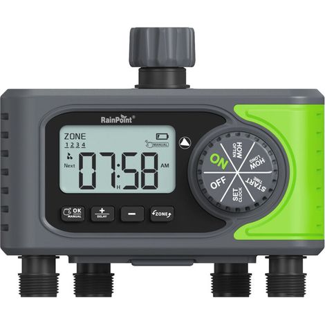 Automatic irrigation timer with 4 outlets and brass inlet, programmable for 4 zones