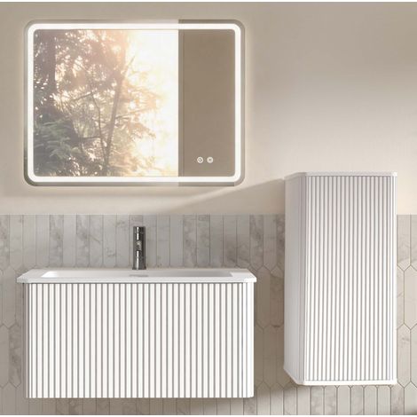 Conjunto de mueble de baño con lavabo y espejo LED, 60 cm, con armario lateral, blanco OKMYHOME (1/5)