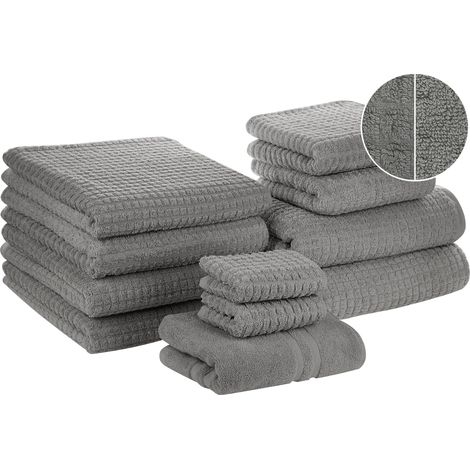 Juego de 11 toallas de baño y alfombrilla de baño de algodón gris de low twist para invitados Atai (1/5)