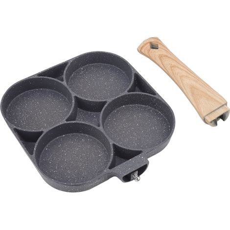 Antihaftbeschichtete, hitzebeständige Bratpfanne mit 4 Mulden, ideal für Pfannkuchen, Hamburger und andere Gerichte. Küchenaccessoire in Holzoptik, geeignet für Gas- und Induktionsherde, schwarz. (1/5)