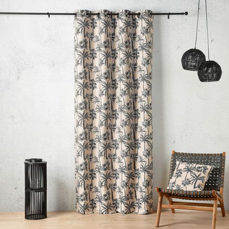 Rideau œillets motif palmier tamisant en tissu texturé Bleu 140x240 cm