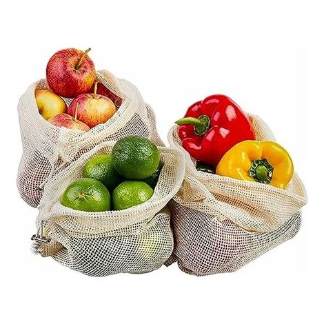 Sac pour Fruits et légumes, 3 pcs,3035 Filet à provisions réutilisable, Sachet en Coton, Sac à Pain sans Plastique, Lavable (1/5)