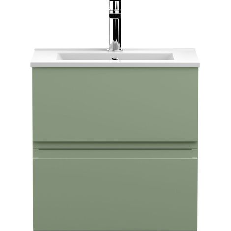 Mavesyn Contemporary 2 Drawer Wall Hung Vanity Unit with Minimalist Basin, Satin Green, 500mm