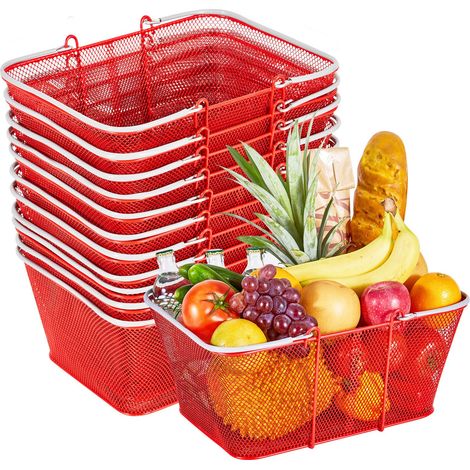Panier de Courses Métallique Empilable 22L, Lot de 12, Poignées Intégrées, Structure en Maille Dense, Charge Max 20 kg, Usage Magasin, Supermarché, Maison, Rouge (1/5)