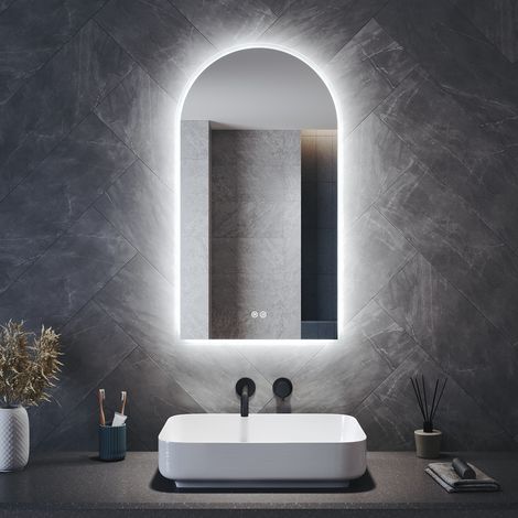 SONNI Badspiegel Wandspiegel mit Beleuchtung Anti-Beschlag, LED Bogen Badspiegel mit 3 Lichtfarben Dimmbar Memory-Funktion und Steckdose, 800 x 400 mm