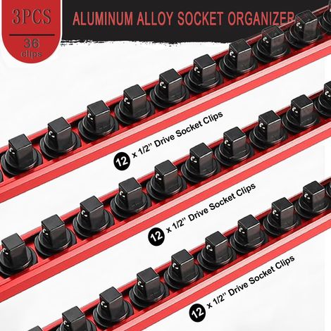 Lot de 3 Rails à Douilles Magnétiques en Aluminium, 40cm - avec 36 Clips Rotatifs Rouges pour 1/2" - Organisateur de Douilles pour Garage et Atelier