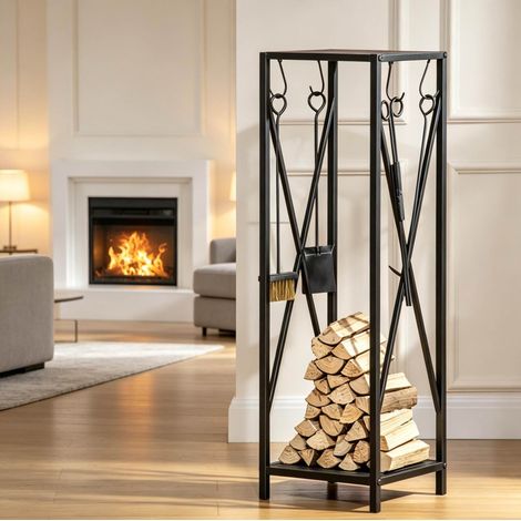 Range-bûches de cheminée en métal noir avec 4 accessoires HAVRYA (1/5)