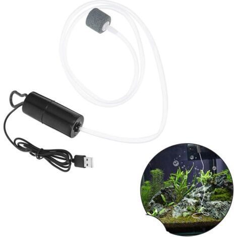 Pompe à oxygène pour aquarium - Aérateur silencieux - USB portable - Avec pierre à air et tuyau en silicone - Oxygène pour aquarium d'eau douce et d'eau salée 1 W - Noir (1/5)